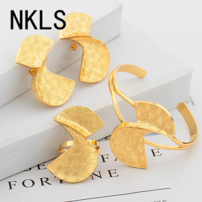 Dubai African Clip Earrings Cuff Bangle & Ring Set, Luxury Jewelry for Women, Wedding Party Gift, Elegant Jewelry Women