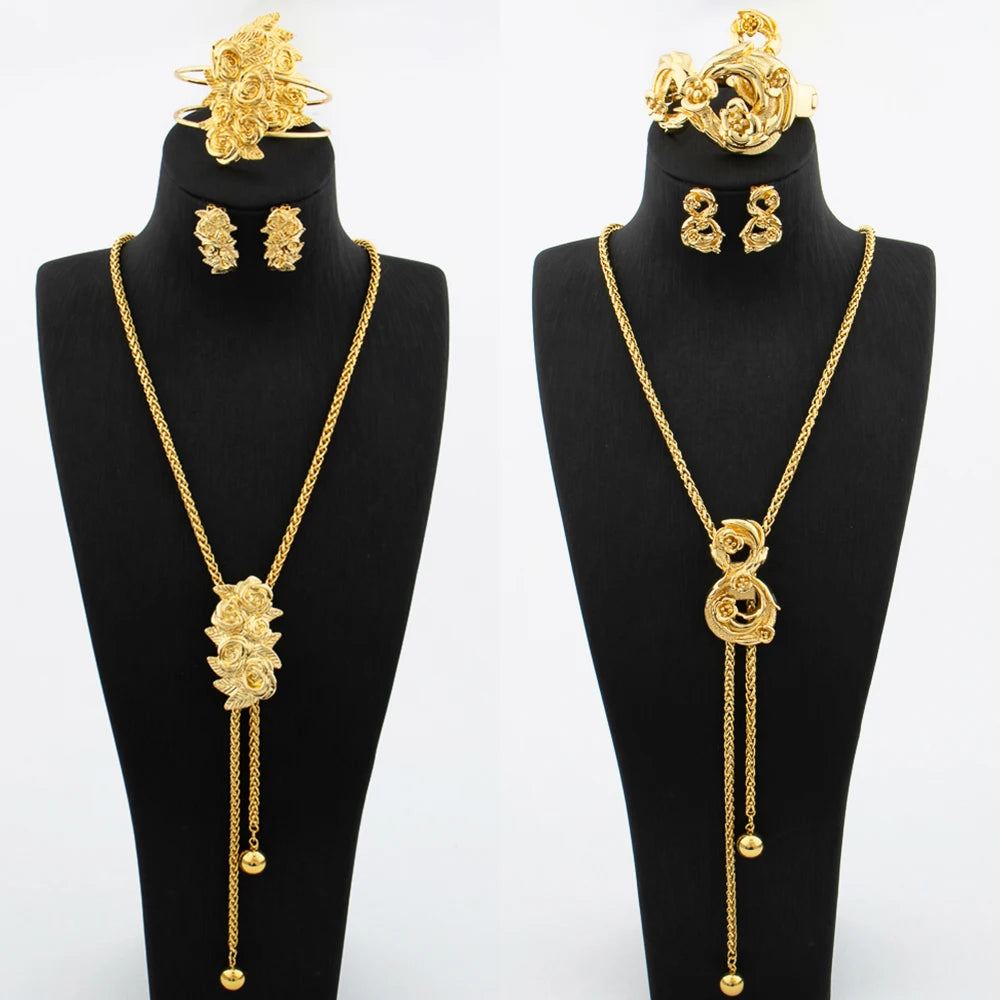 Gold Plated Jewelry Set for Women Adjustable Necklace Flower Shape Copper Earring Bracelet Rings Dubai African Wedding Jewellery