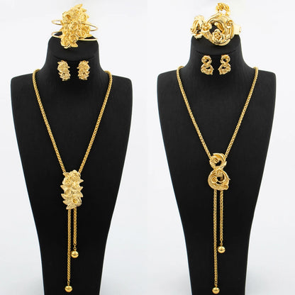 Gold Plated Jewelry Set for Women Adjustable Necklace Flower Shape Copper Earring Bracelet Rings Dubai African Wedding Jewellery