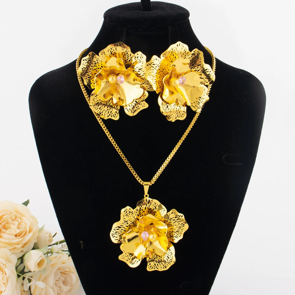Dubai Luxury Flower Shape Women Jewelry Nigeria Wedding Zircon Collection Earrings Gold Color Bridal Necklace Pendant For Party