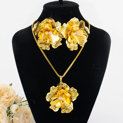 Dubai Luxury Flower Shape Women Jewelry Nigeria Wedding Zircon Collection Earrings Gold Color Bridal Necklace Pendant For Party