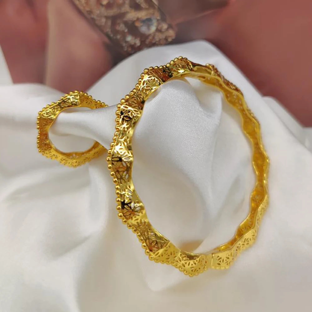 Dubai Gold Color Bangle and Ring Set for Party Bohemia Design Hand Bracelet and Finger Ring 2Pcs Set for Engagement Party Gifts