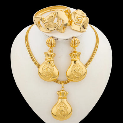 African Gold Color Jewelry Set for Women Drop Earrings and Pendant Necklace Dubai Bangle Ring 4Pcs Set for Anniversary Jewelry
