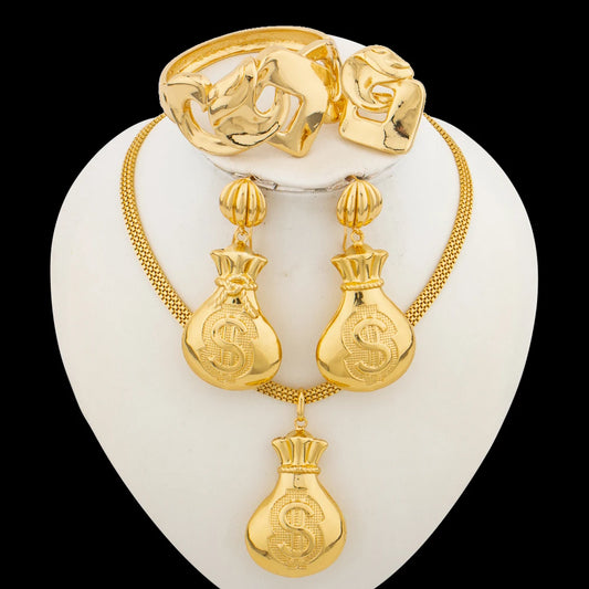 African Gold Color Jewelry Set for Women Drop Earrings and Pendant Necklace Dubai Bangle Ring 4Pcs Set for Anniversary Jewelry