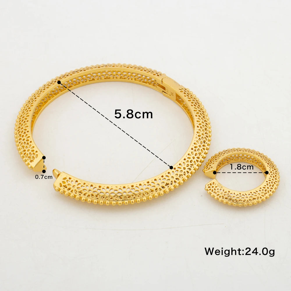 Dubai Hollow Bangles with Ring for Women 18K Gold Color Luxury Charm Bracelet Copper Ring Party Jewelry Christmas Birthday Gifts