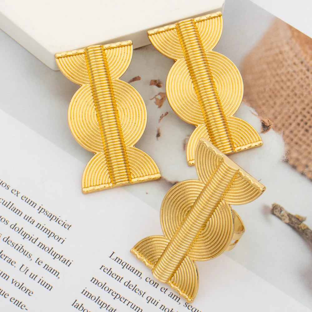 African Earrings with Ring Jewelry Set for Women Gold Plated Clip Earrings Finger Rings 2Pcs Set for Party Nigerian Daily Wear