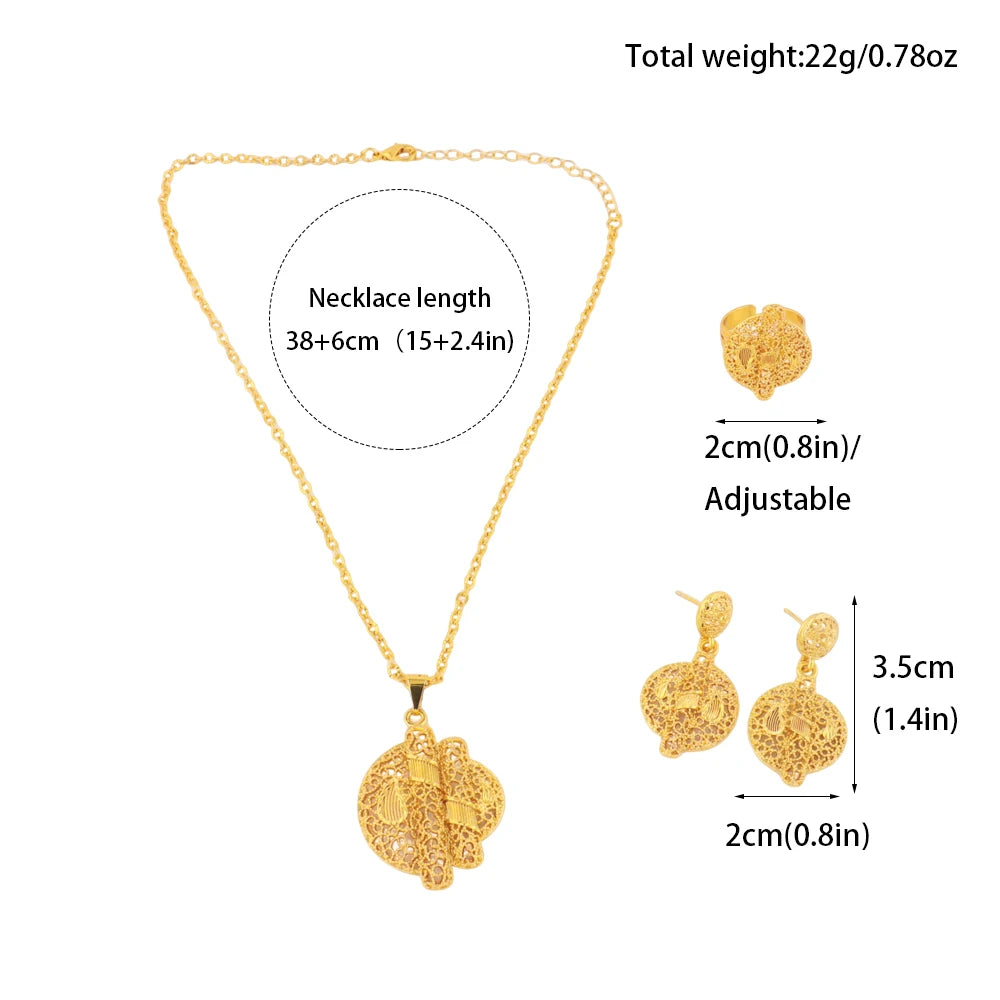 Dubai Costume Gold Plated Floral Jewelry Set Necklace Earrings Combo Women Bridal Party Accessories