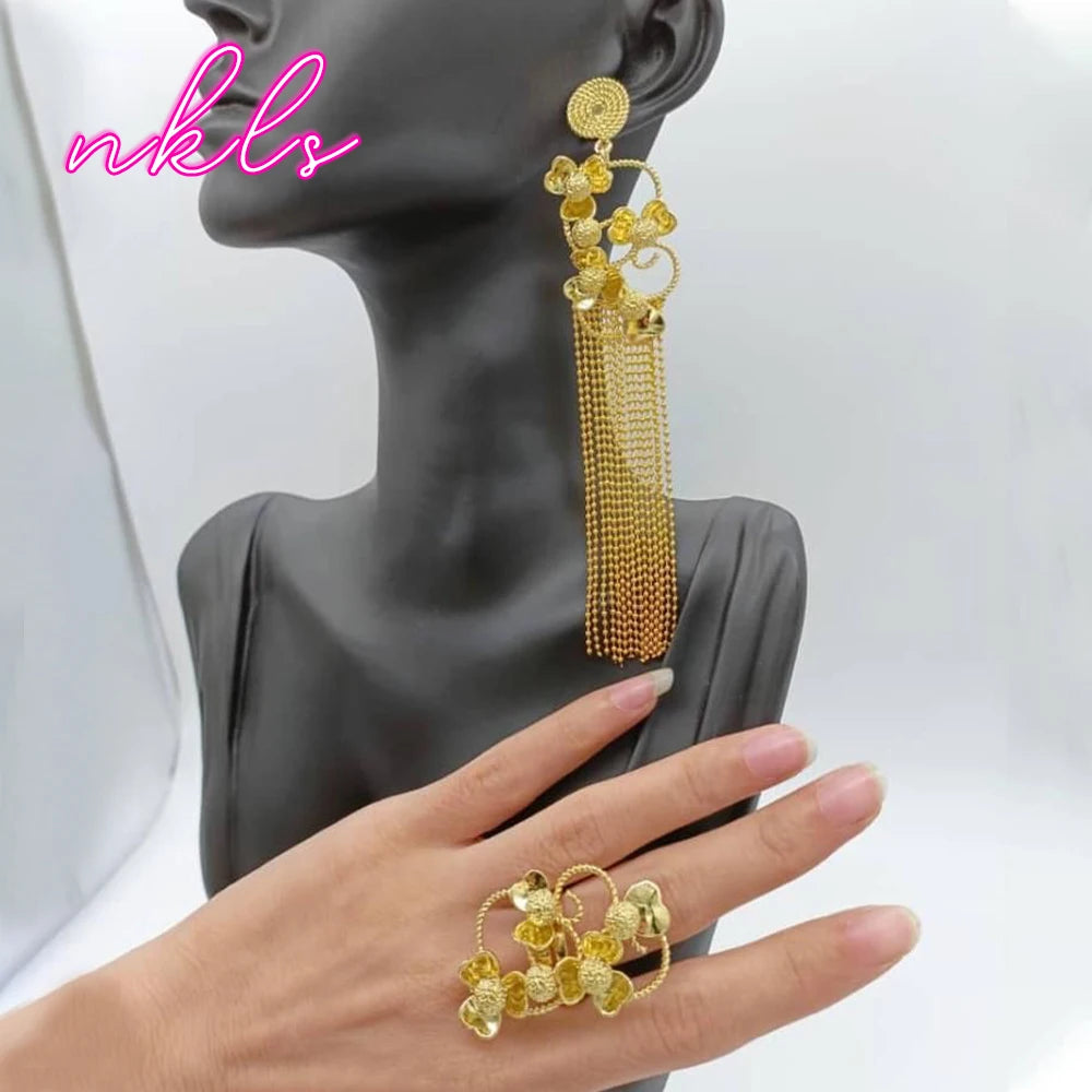 Fashion Ladies Tassel Earrings with Ring Set Trendy Dubai Color Jewelry Set Classic Copper Alloy Metal Jewelry Accessory
