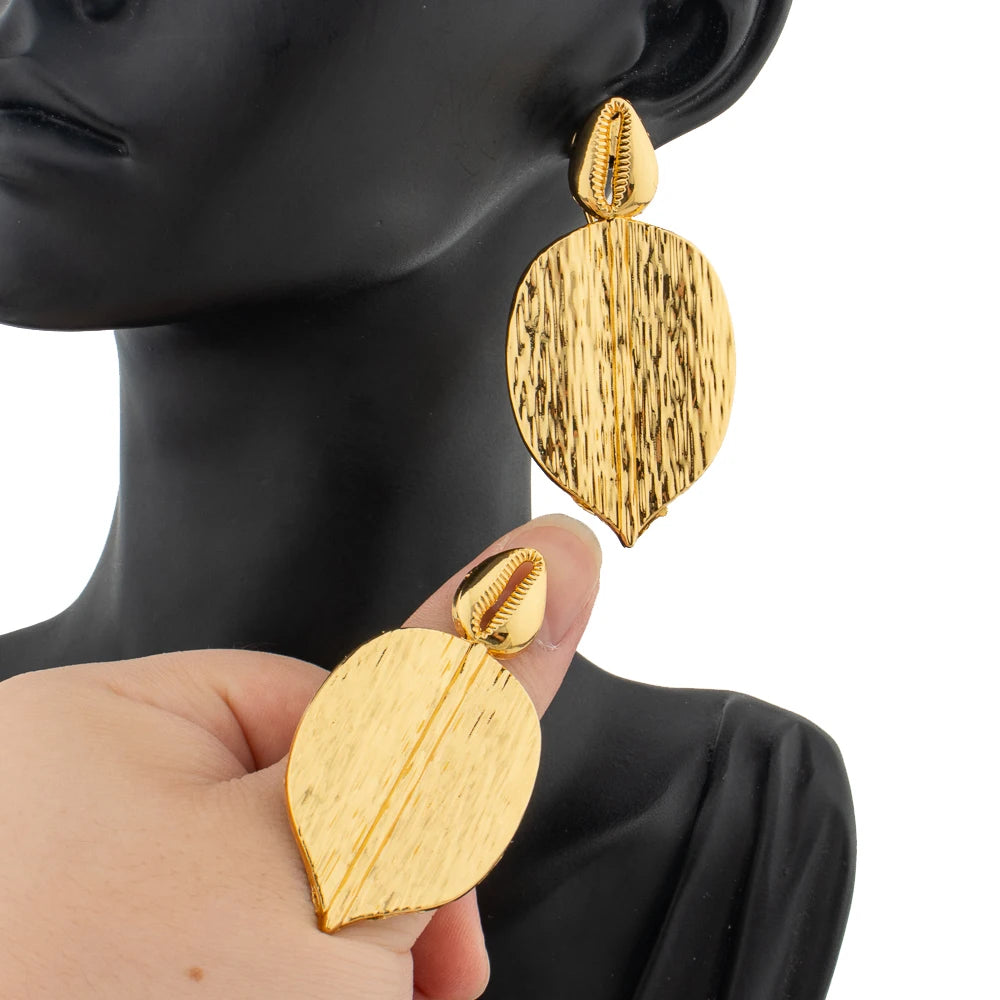 Advanced Metal Textured Leaf Pendant Big Earrings Ring Gold Color Geometry Drop Jewellry Women's Exaggerated Fashion Jewelry