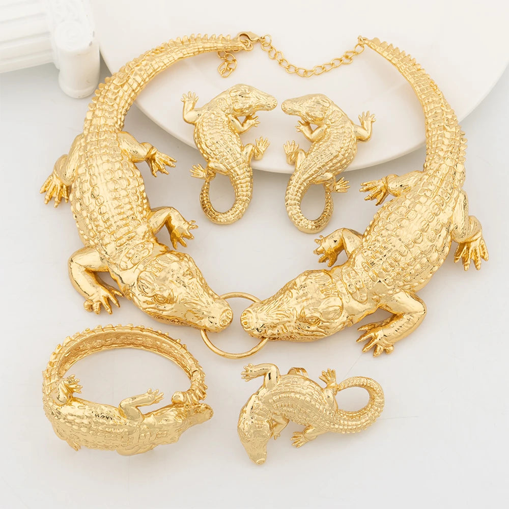 Fashion Jewelry Set Italian Gold Plated Crocodile Body Pendant Necklace Bracelet Earring Ring Woman Necklace Personality Design - YUEMING JEWELRY