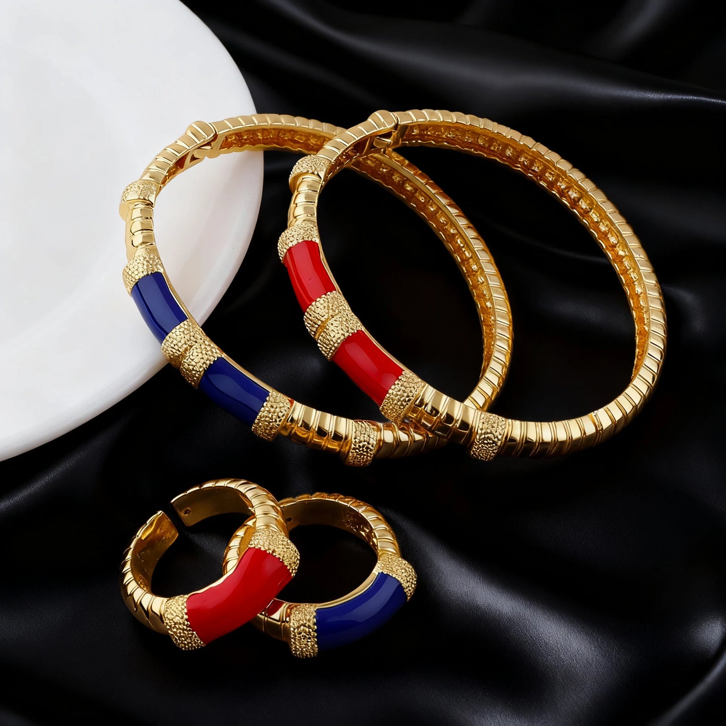 18K gold color plated Dubai bracelets, luxury Arabian wedding jewelry sets, hidden buckle women’s bracelets and rings