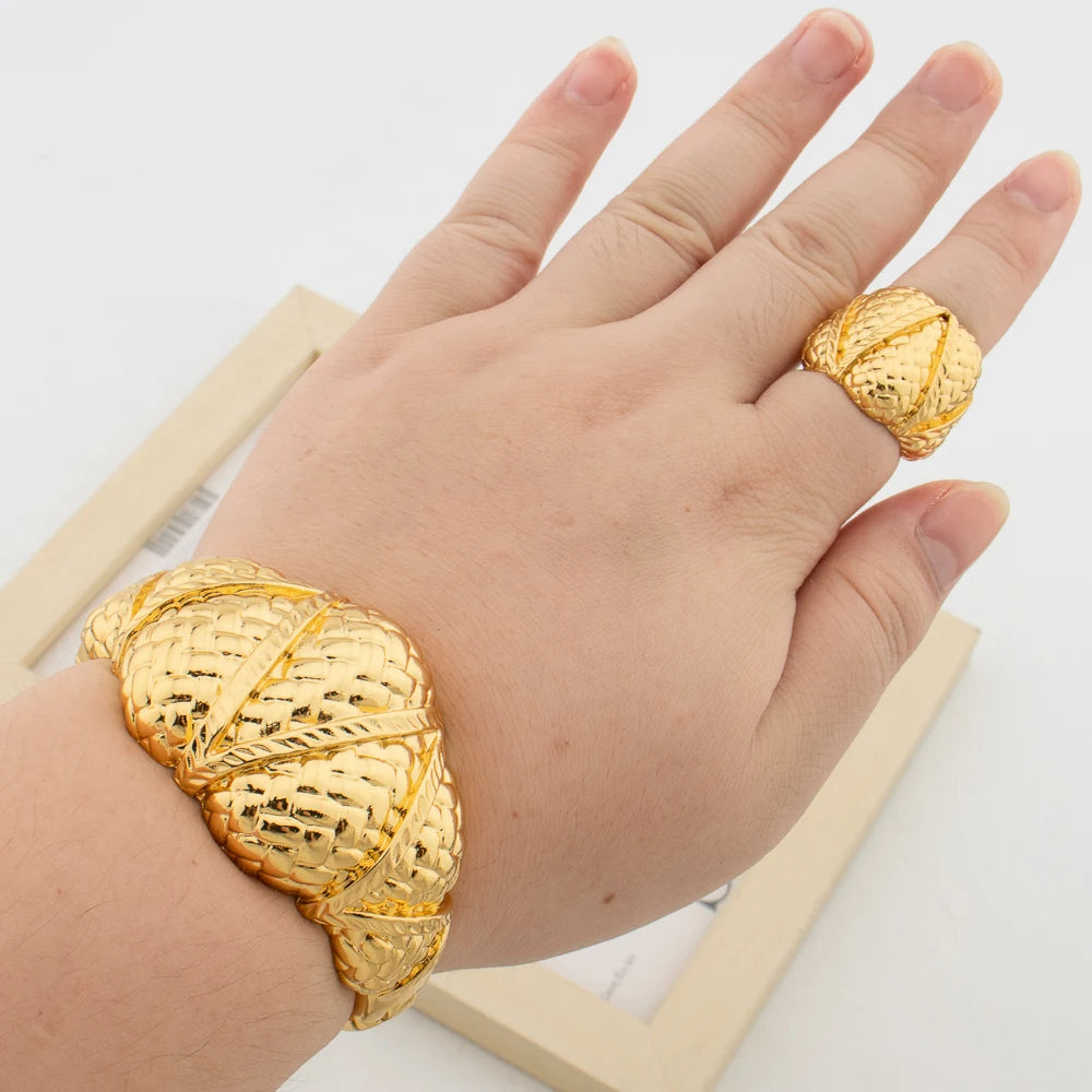 Gold Color Bangle with Ring Set for African Ladies Weddings Hand Bracelet Cocktail Ring 2Pcs Set for Engagement Brazilian Gift