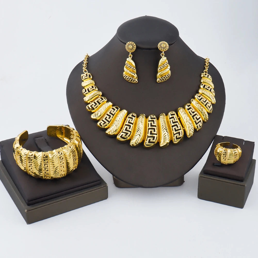 Fashion 18k Gold Plated Jewelry Set Dubai African Choker Necklace Earrings Bracelet Ring Sets Wedding Party Jewellery Gifts