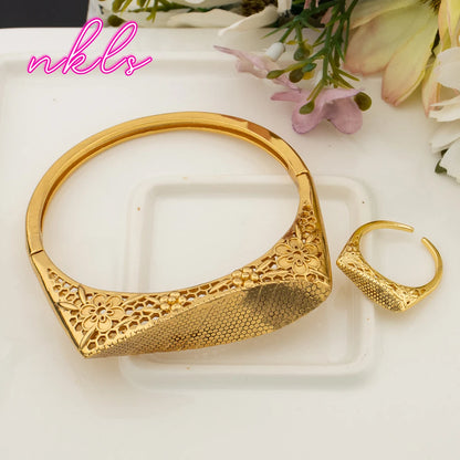 Plated Italian Dubai Style Bangle Ring Bracelet Jewelry Set for Women, Festive Gift