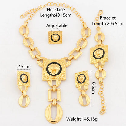 YM Necklace For Women Dubai Gold Plated Lion's Head Jewelry Sets Cuff Bangles Rings Fashion Dangle Earrings for Banquet Party - YUEMING JEWELRY