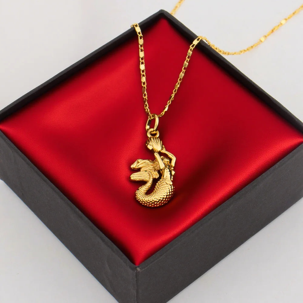 18K Gold Plated Mermaid Design Pendants Stainless Steel Beach Geometric Necklace For Women Anti Allergic Delicate Jewelry Gifts