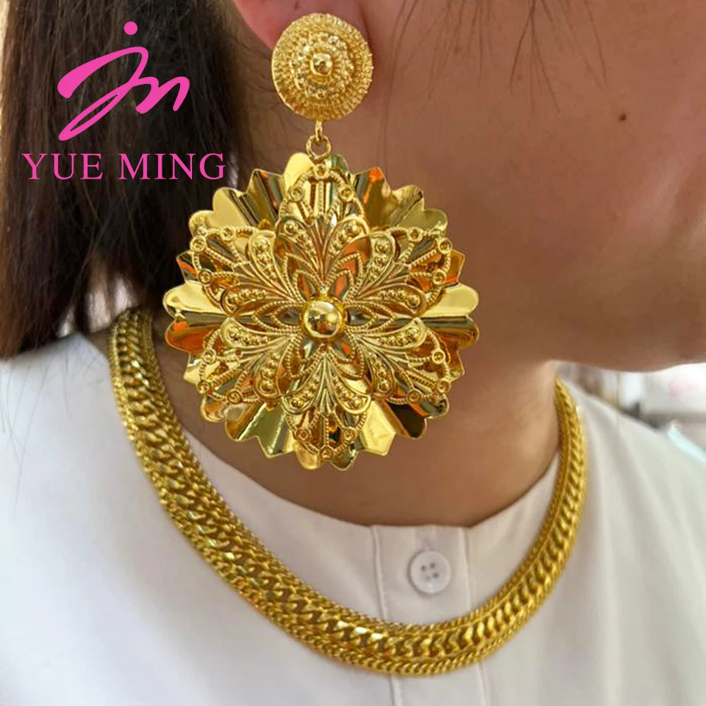 Big Size Drop Earrings and Necklace 18k Gold Color Dubai Flower Shaped Fashion Jewelry Sets For Beautiful Women Necklace Earring - YUEMING JEWELRY