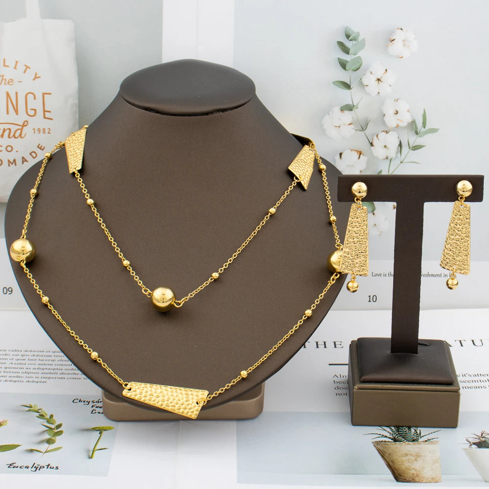 Dubai Bead Chain & Rose Flower Pendant Set, Long Necklace Earring Set for Bride Luxury Jewelry Sets Women Gift