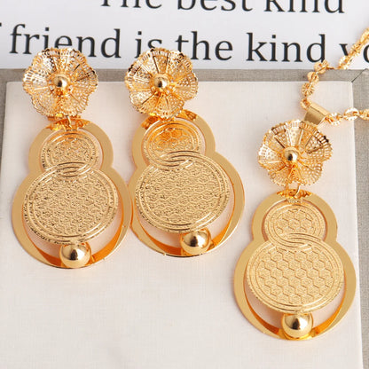 African Gold Color Women Necklace and Earrings Trend Dubai Flower Hollow Out Jewelry Set Gift For Party Wedding Daily Accessorie