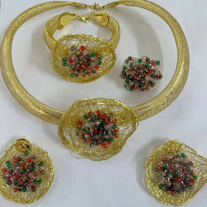 Exaggerate Women Jewelry Set for Party African Copper Gold Color Pendant Necklace and Dangle Earrings Weddings Bangle Ring Set