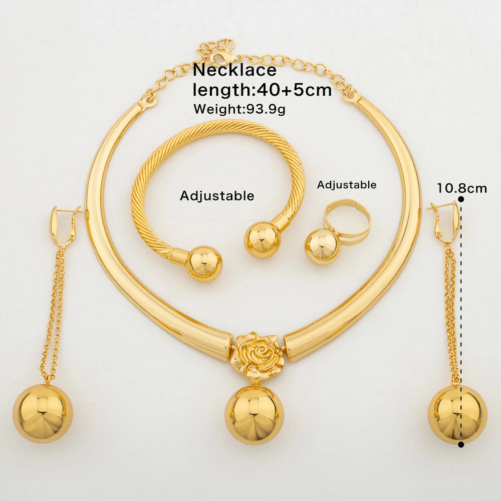 Dubai Gold Color Jewelry Set for Party Beads Design Necklace and Drop Earrings Copper Alloy Cuff Bangle Ring Set for Weddings