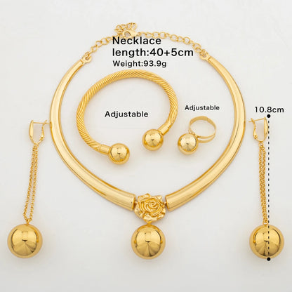 Dubai Gold Color Jewelry Set for Party Beads Design Necklace and Drop Earrings Copper Alloy Cuff Bangle Ring Set for Weddings