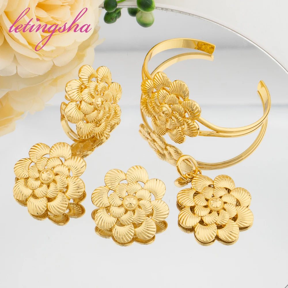 Dubai Gold Color Pendant Earrings Bangle Rings Fashion Elegant Jewelry Sets for Women Luxury Women's Jewellery Italy Fashion Set