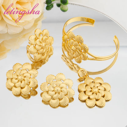 Dubai Gold Color Pendant Earrings Bangle Rings Fashion Elegant Jewelry Sets for Women Luxury Women's Jewellery Italy Fashion Set