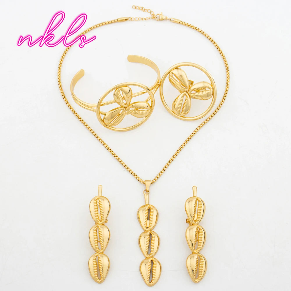 African Classic Shell Design Necklace Earrings Bangle Ring Trendy Gold Color Jewelry Set Nigerian Fashion Elegant Jewellery