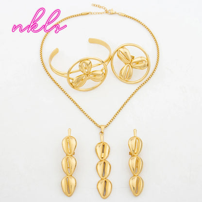 African Classic Shell Design Necklace Earrings Bangle Ring Trendy Gold Color Jewelry Set Nigerian Fashion Elegant Jewellery