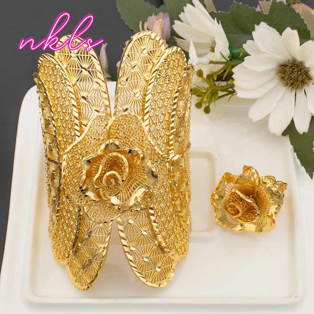 Big Cuff Bangles for Women African Luxury Flower Bracelet with Ring 2Pcs Jewelry Set Dubai Fashion Bridal Wedding Jewellery
