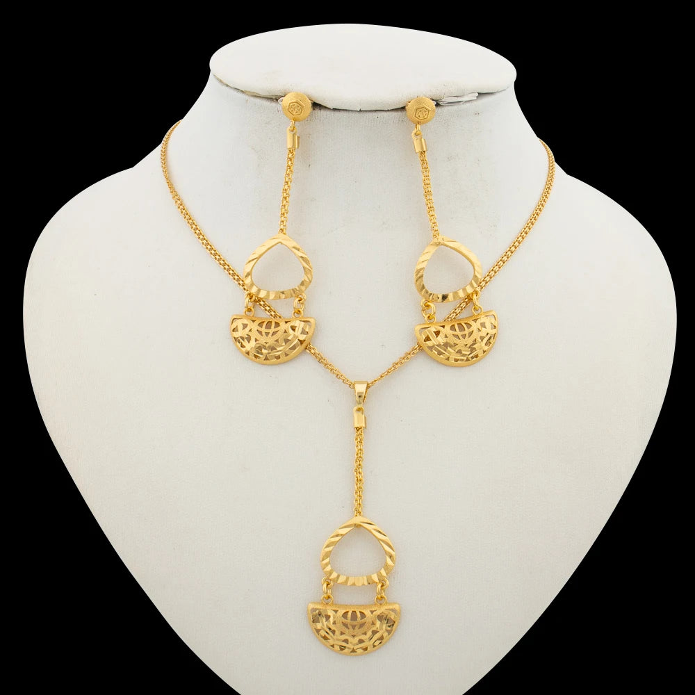18k Gold Color Jewelry Set for Weddings African Dangle Earrings and Necklace 2Pcs Set for Engagement Party Jewelry Accessories