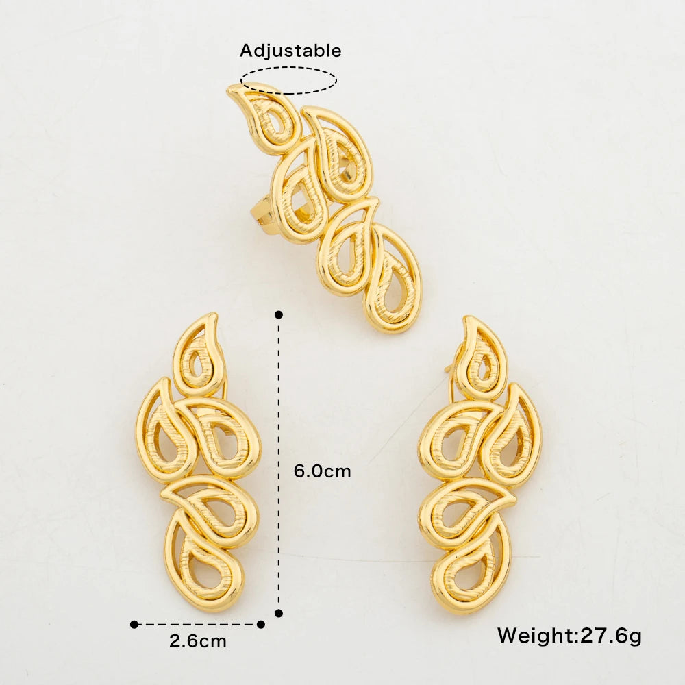 18k Gold Color Earrings and Ring Jewelry Set for Women African Design Clip Earrings Finger Ring 2Pcs Set for Engagement Party