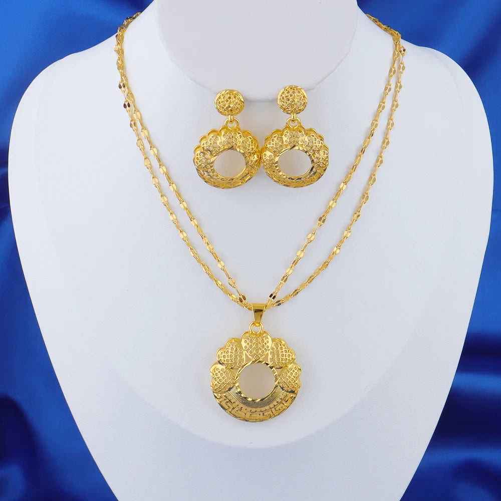 Dubai Gold Plated Luxury Noble Necklace Charms Earrings for Women Double Chain Jewelry Set for Party Wedding Christmas Gift