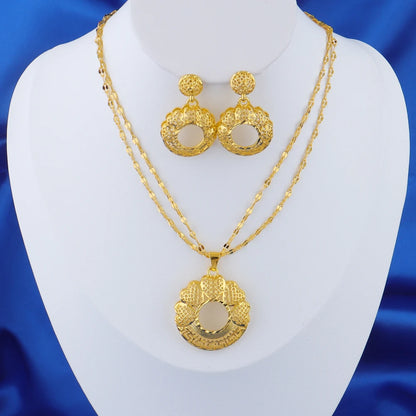 Dubai Gold Plated Luxury Noble Necklace Charms Earrings for Women Double Chain Jewelry Set for Party Wedding Christmas Gift