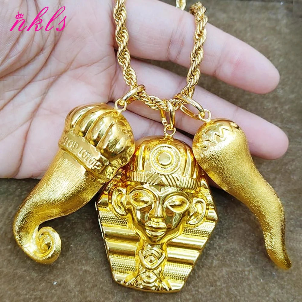 Plated African Dubai Men Head Pendant Necklace 60cm Chain Hip Hop Jewelry Gift