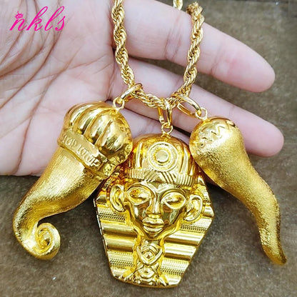 Plated African Dubai Men Head Pendant Necklace 60cm Chain Hip Hop Jewelry Gift