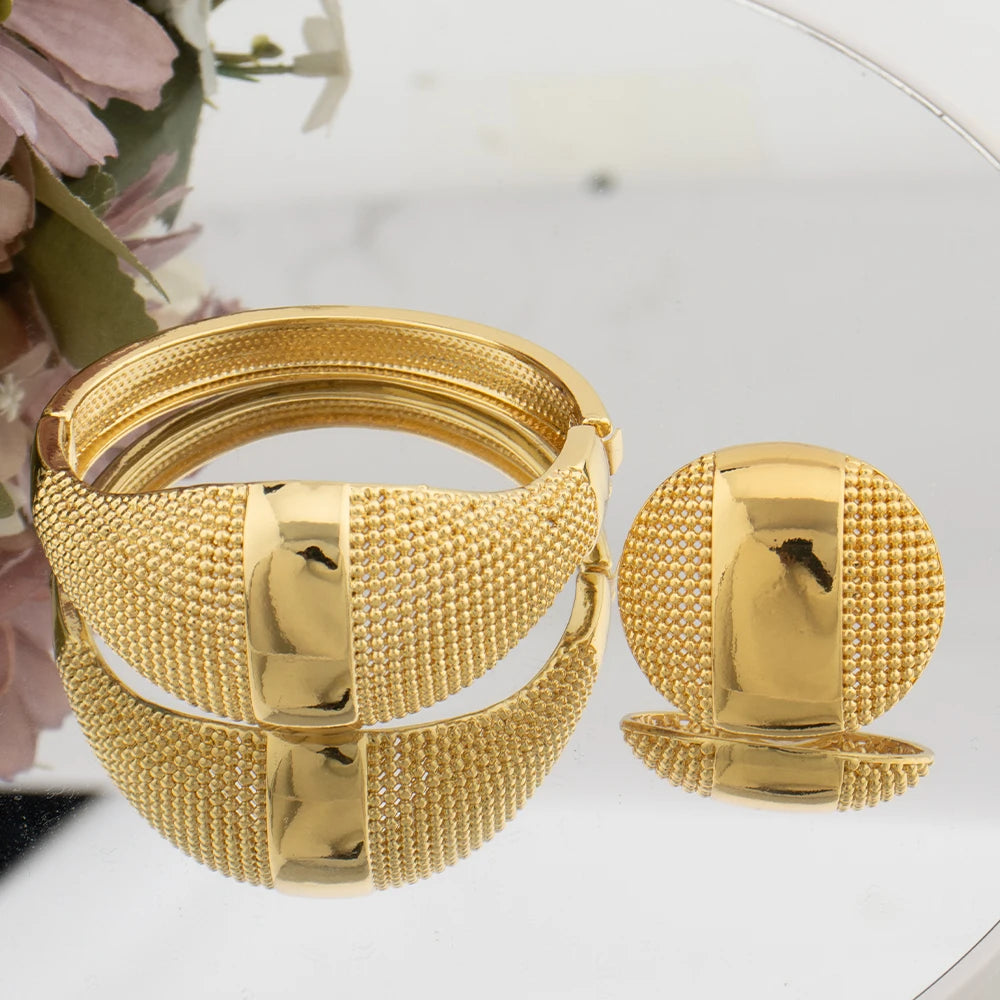 18K Gold Tone Wide Water-Texture Metal Bangle & Open Cuff Ring Set for Women, Chunky Twisted Bracelet, Fashion Jewelry Women Set