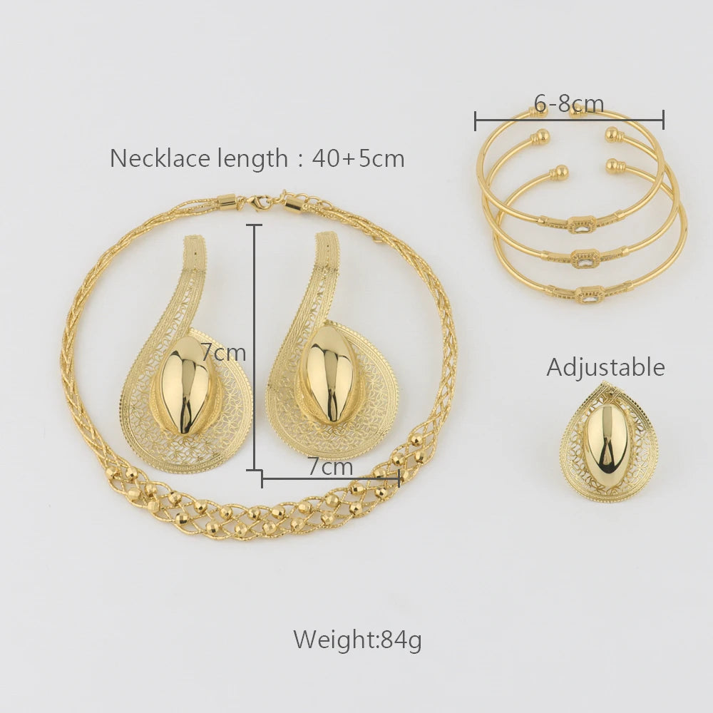 24K Gold-Plated Hollow Earrings Necklace Ring Bangle Jewelry Sets for Women, Unique Party Valentine Gift, Chic Jewellery Woman