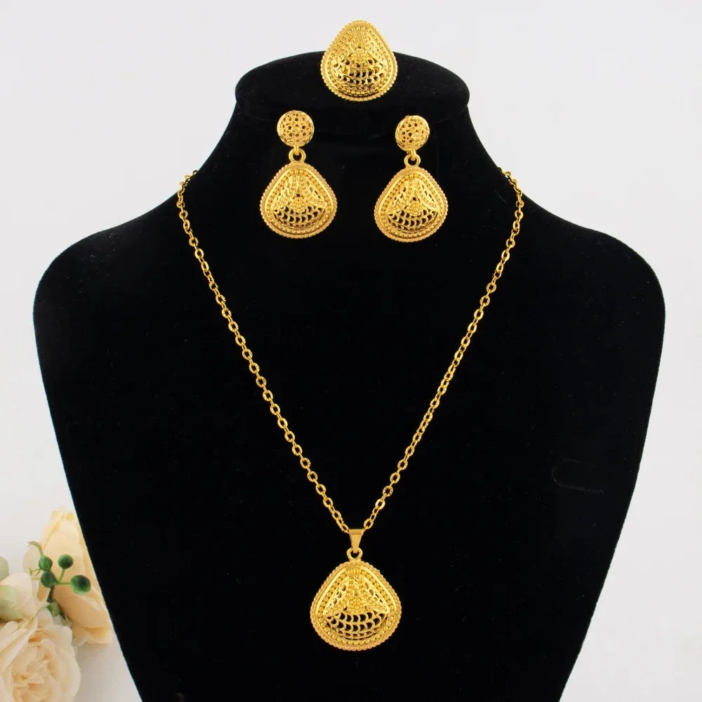 Arabian Gold-Tone Jewelry Set for Women, Earrings Pendant Ring, Moroccan Bridal Beach Wedding Party Gift