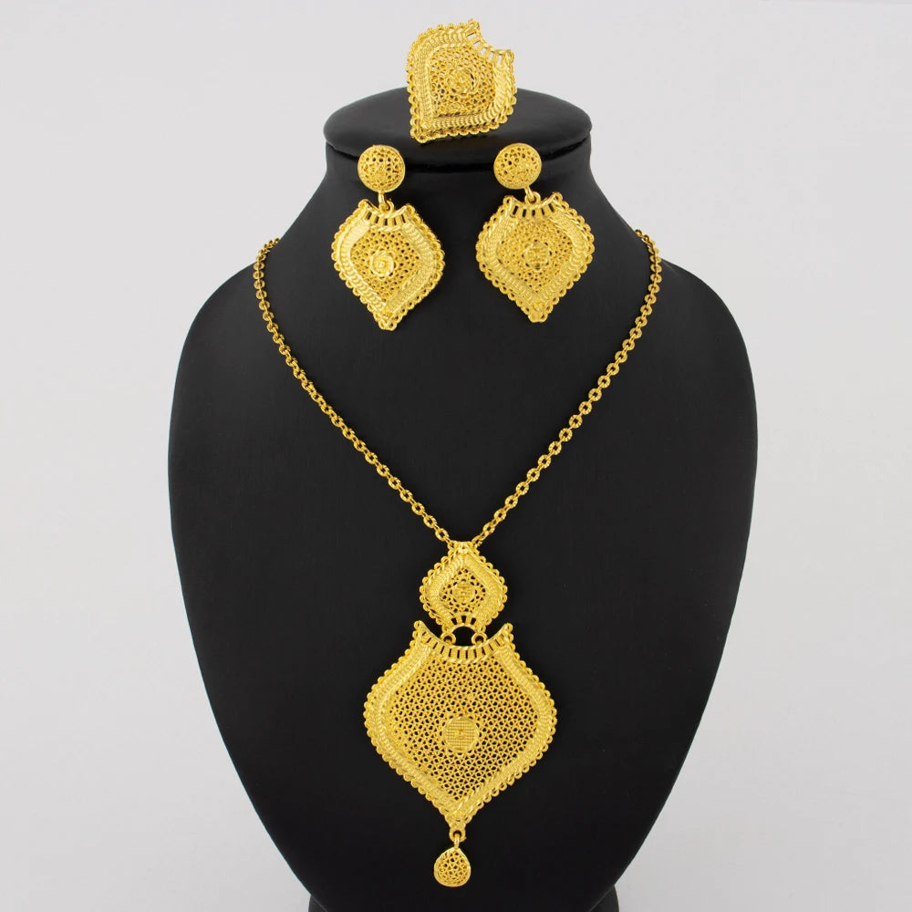 Nigerian Jewelery Set Dubai 24K Gold Color Necklace Earrings Ring Jewlery  Bridal Banquet Wedding Jewelry Set Accessories