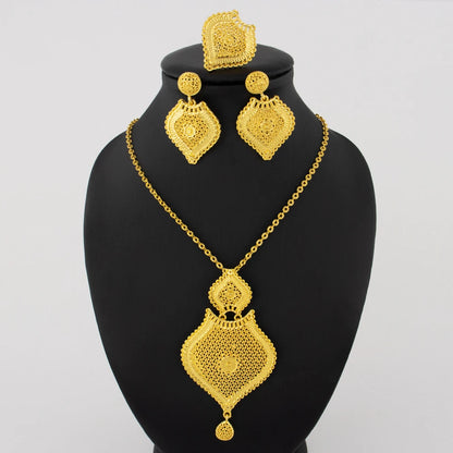 Nigerian Jewelery Set Dubai 24K Gold Color Necklace Earrings Ring Jewlery  Bridal Banquet Wedding Jewelry Set Accessories