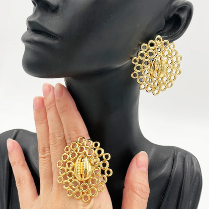 4Set Gold Color Jewelry for Women Girls Elegant Golden Clip Earrings Ring Geometric Jewelry Fashion Party Engrave Hollow Earring