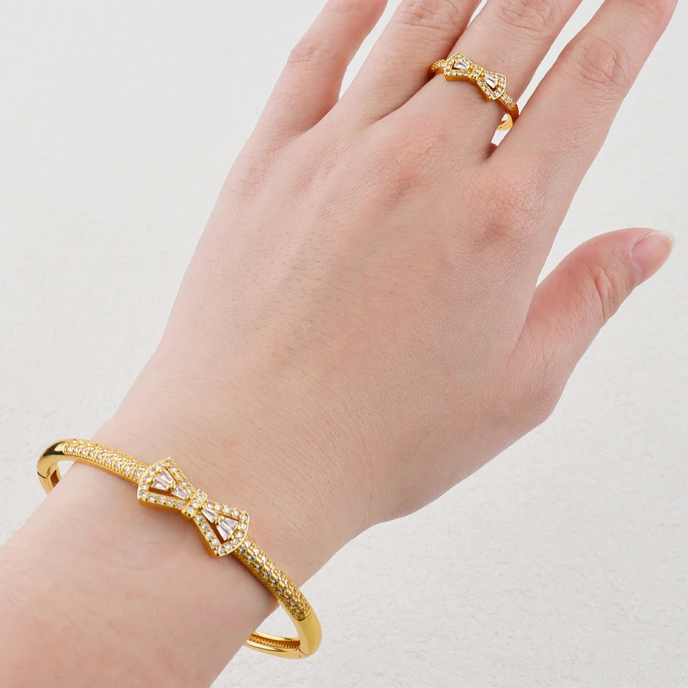 18K Shiny Gold Color Bracelet Ring Set Dubai Jewelry Designer Jewelry Ladies Fashion Bracelet Wholesale Jewelry Set