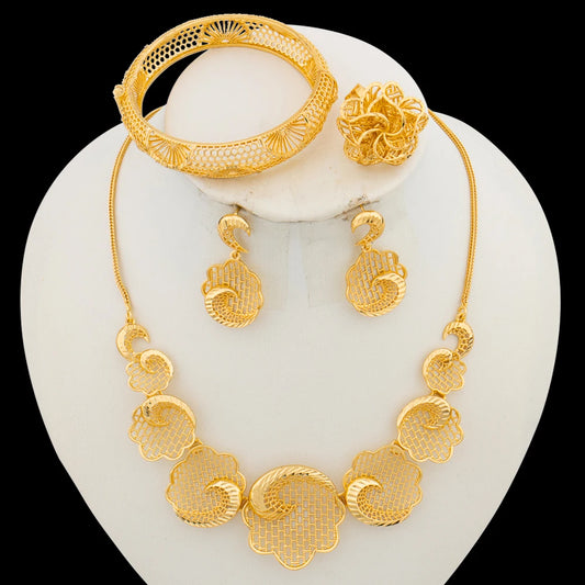 Dubai Gold Color Jewelry Set for Women Flower Design Necklace and Earrings with Bangle Ring 4Pcs Set for Brazilian Accessories