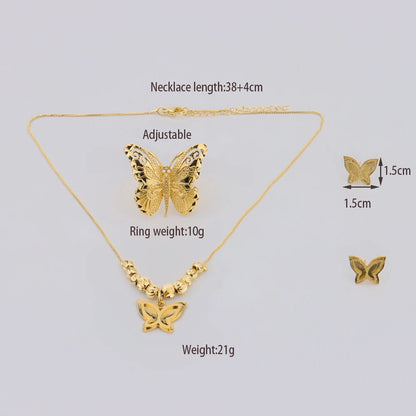 Dubai Gold Color Butterfly Necklace Earrings Ring Boutique Jewelry Set For Men And Women Daily Wear Wedding valentine day gift