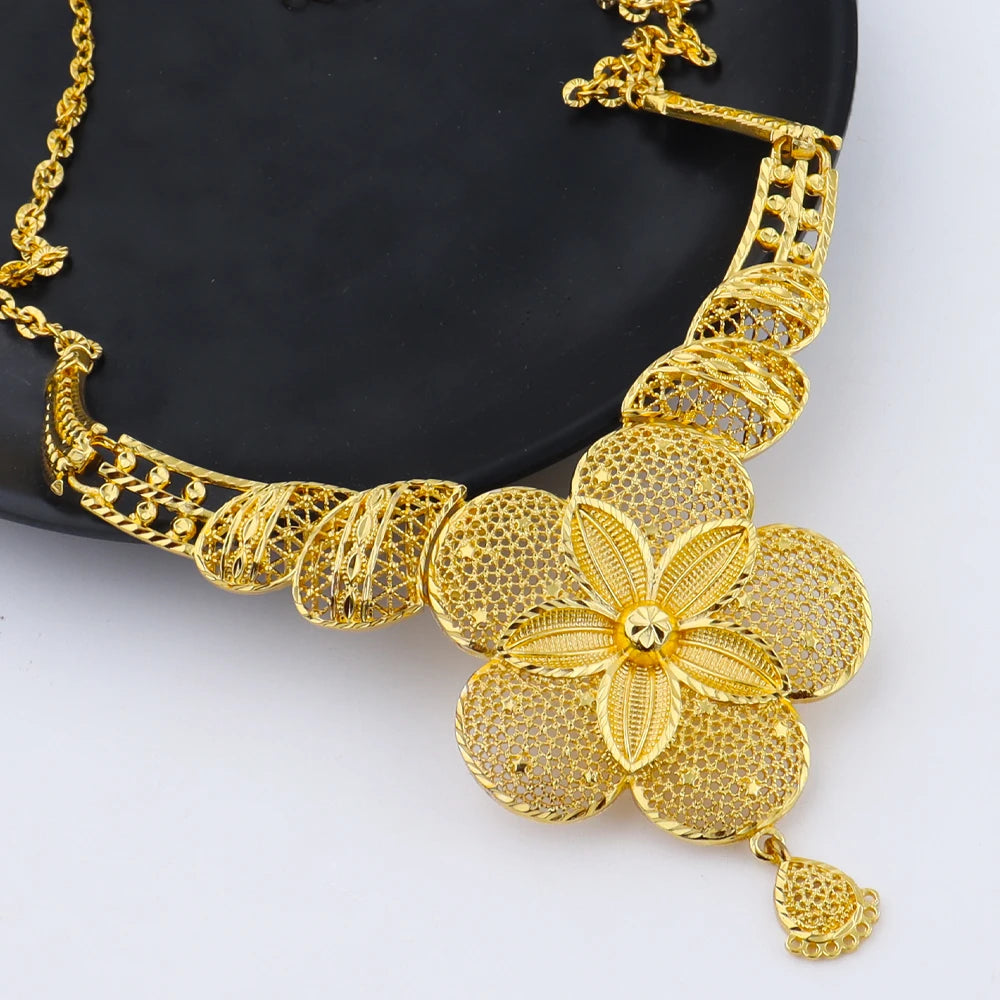 Dubai African 24K Gold Plated Flower Necklace Earrings Set for Women Gold Color Party Wedding Banquet Jewelry Jeweler Gift