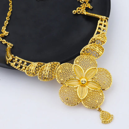 Dubai African 24K Gold Plated Flower Necklace Earrings Set for Women Gold Color Party Wedding Banquet Jewelry Jeweler Gift