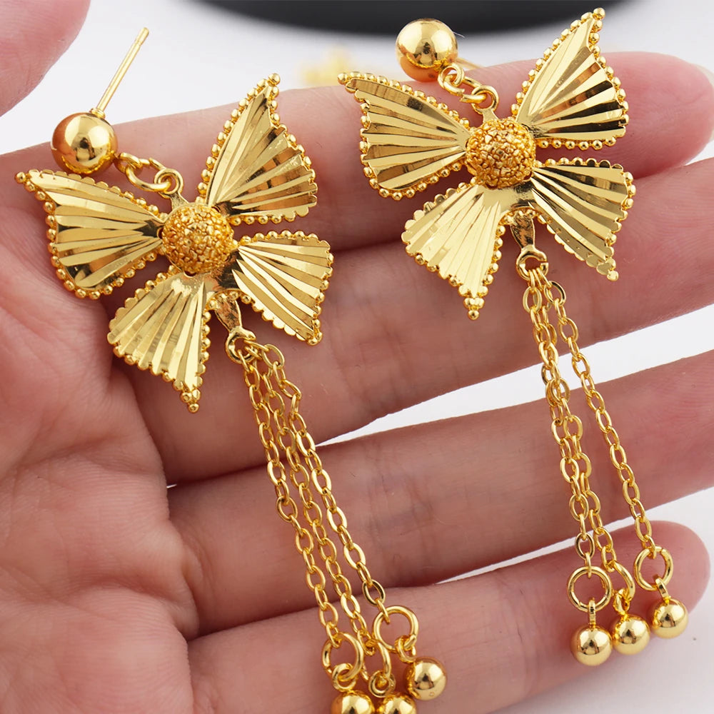 Luxury Gold-Tone Tassel Jewelry Set: Middle-East Inspired Necklace, Drop Earrings & Ring for Dubai African Party Glamour
