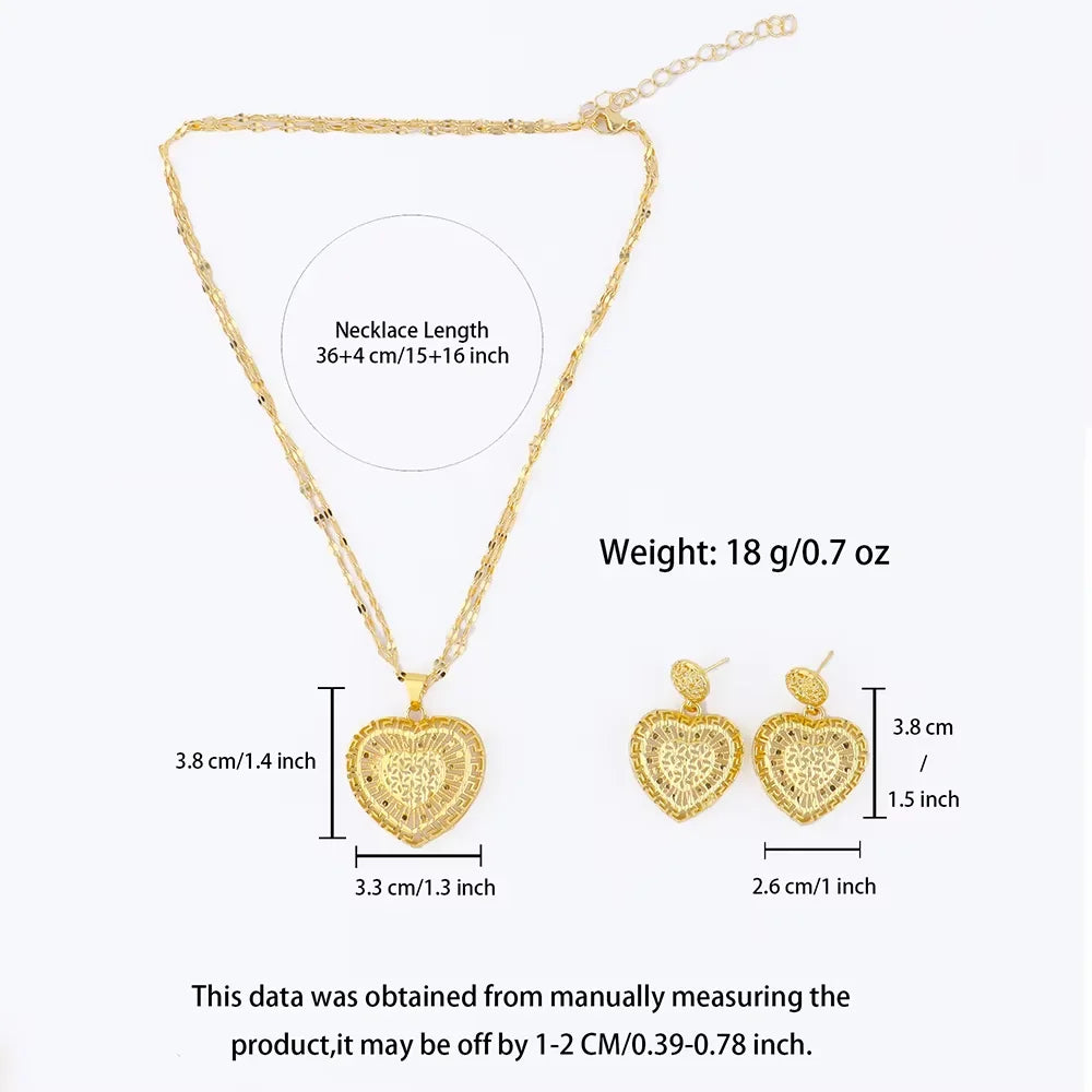 Dubai Heart Shape Necklace Earrings 24K Gold Plated Jewelry Set Women African Indian Nigerian Bride Wedding Party Gift Jewelry